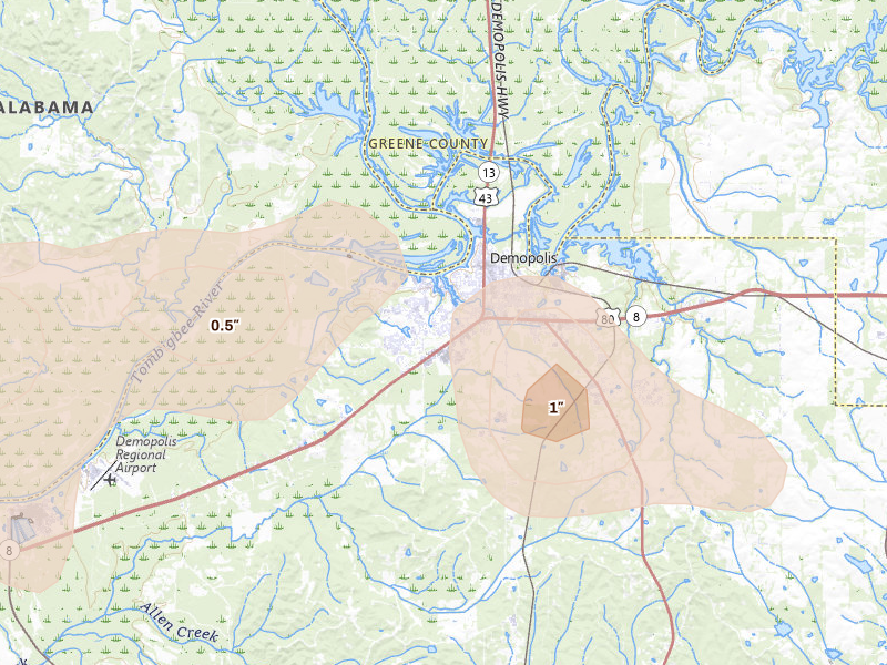 Radar-estimated hail-size map of the storm over Demopolis, AL on Aug 18, 2026