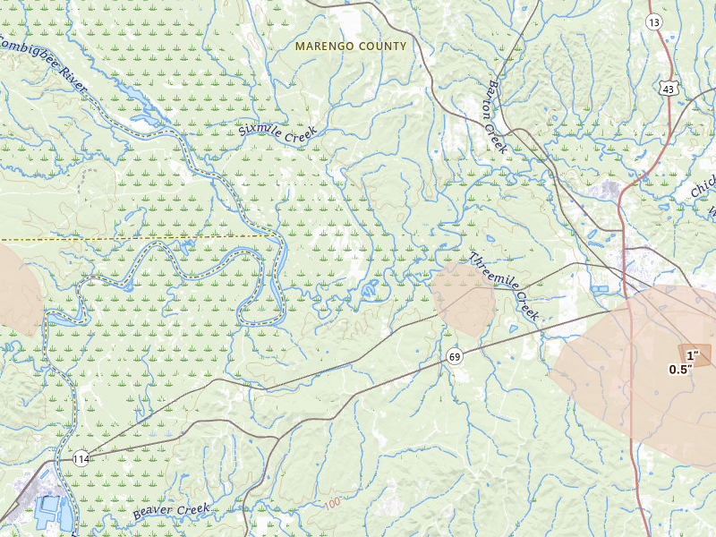 Radar-estimated hail-size map of the storm over Demopolis, AL on Aug 21, 2026