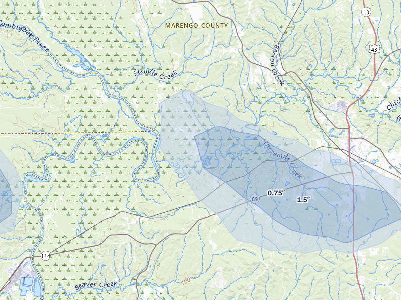 NEXRAD radar-signature map of the hail storm over Demopolis, AL on Aug 21, 2026