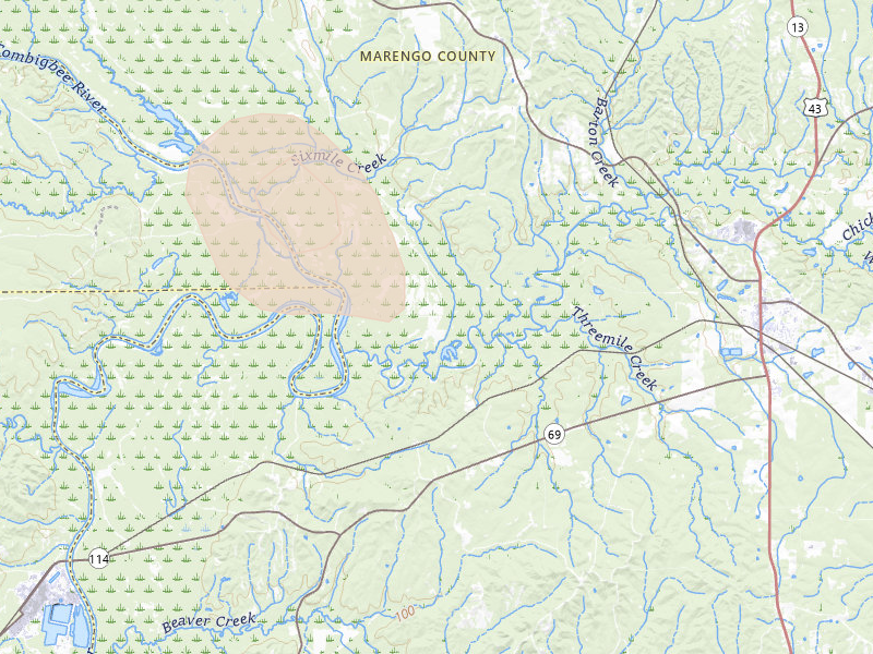 Radar-estimated hail-size map of the storm over Demopolis, AL on Aug 24, 2026