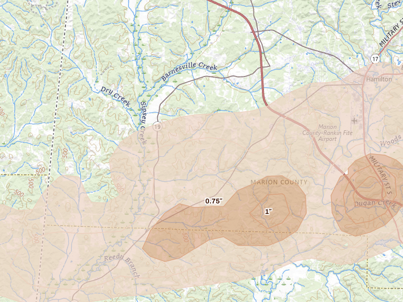 Radar-estimated hail-size map of the storm over Detroit, AL on Apr 28, 2026