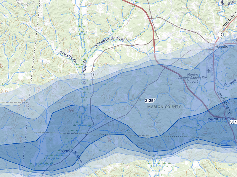 NEXRAD radar-signature map of the hail storm over Detroit, AL on Apr 28, 2026