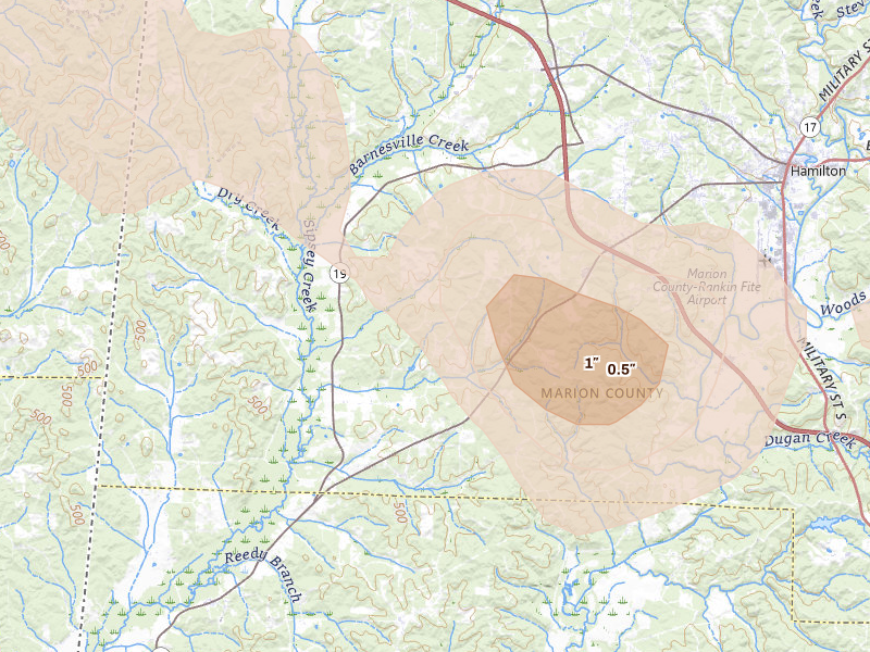Radar-estimated hail-size map of the storm over Detroit, AL on Jun 1, 2026