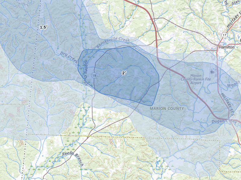 NEXRAD radar-signature map of the hail over Detroit, AL