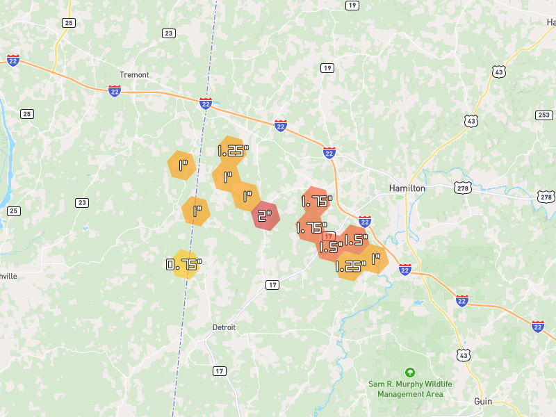 Hail map of Detroit, AL on Jun 1, 2026, hail up to 2"
