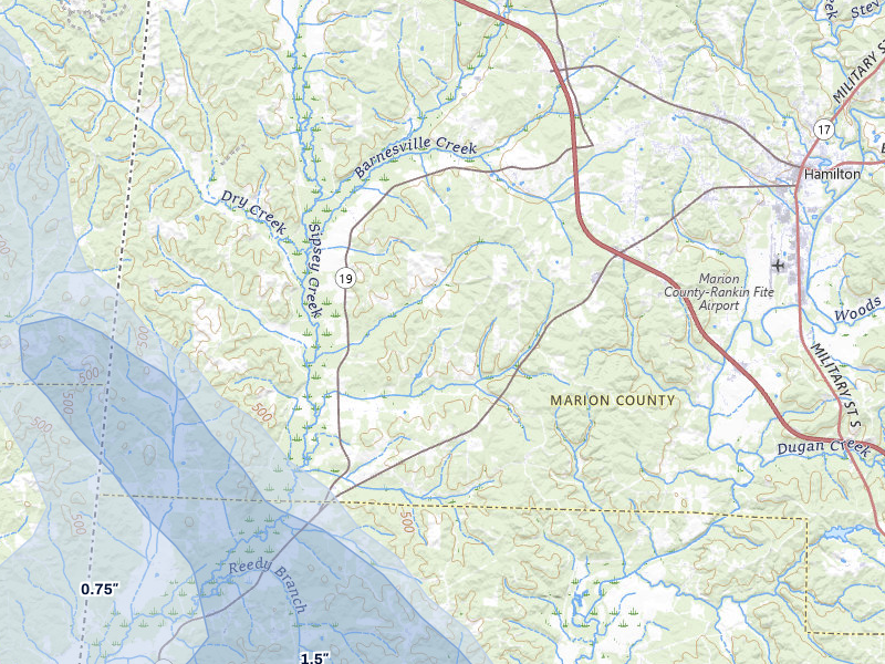 NEXRAD radar-signature map of the hail storm over Detroit, AL on Jul 3, 2026