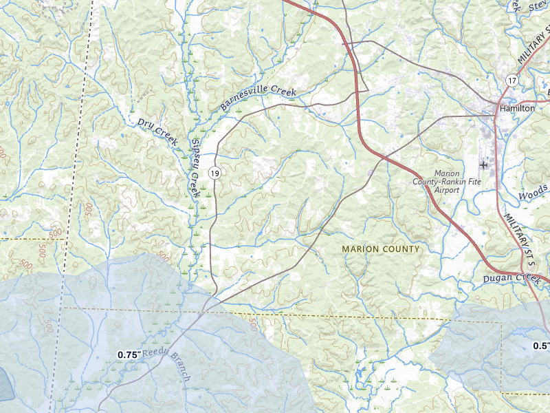 NEXRAD radar-signature map of the hail storm over Detroit, AL on Jul 11, 2026