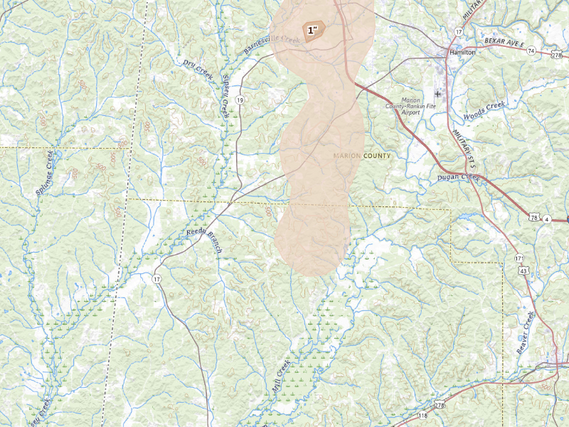 Radar-estimated hail-size map of the storm over Detroit, AL