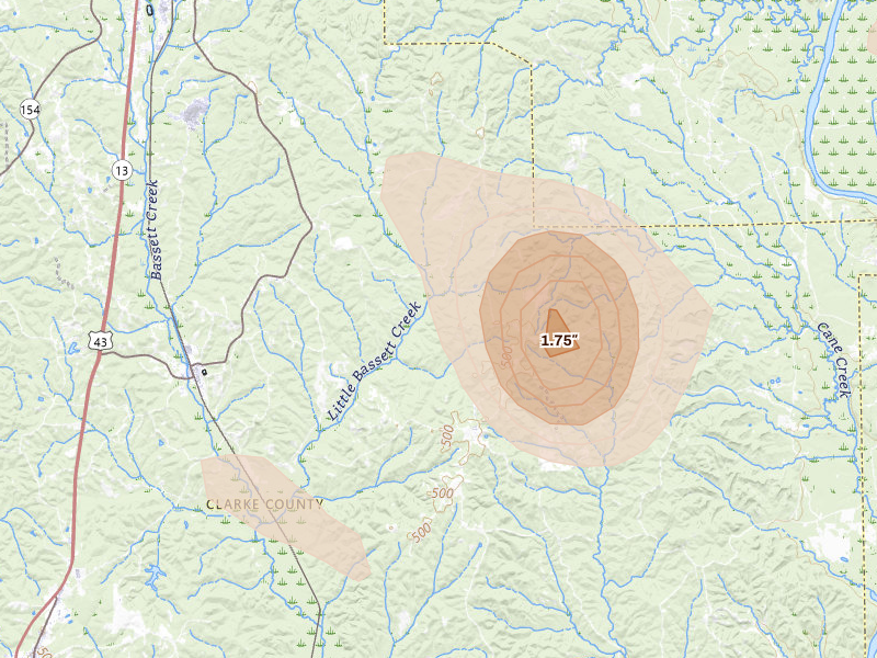 Radar-estimated hail-size map of the storm over Dickinson, AL on Aug 18, 2026