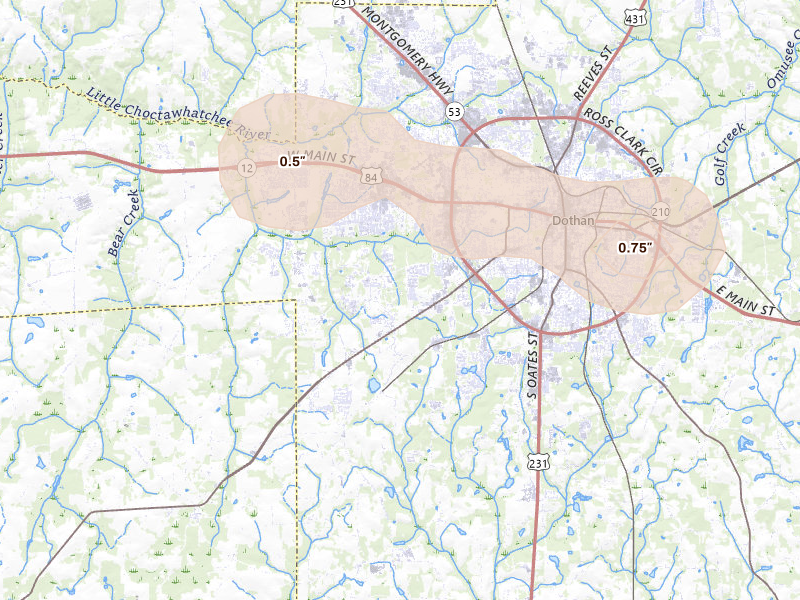 Radar-estimated hail-size map of the storm over Dothan, AL on Aug 12, 2026