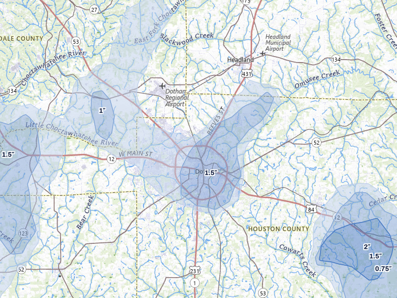 NEXRAD radar-signature map of the hail storm over Dothan, AL on Aug 12, 2026