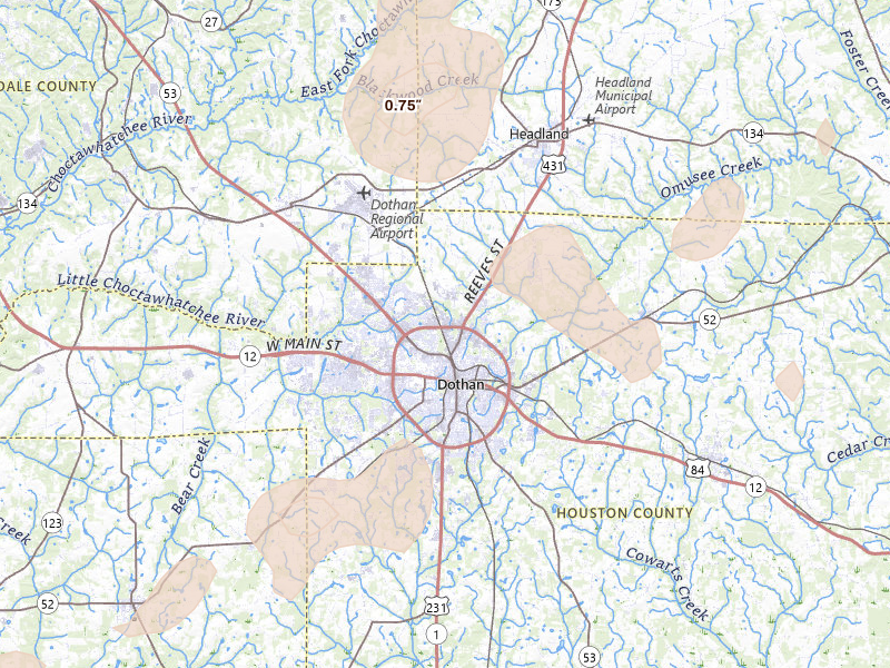 Radar-estimated hail-size map of the storm over Dothan, AL on Aug 21, 2026