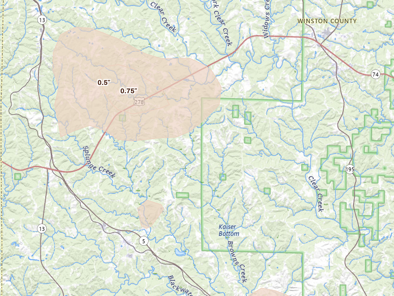 Radar-estimated hail-size map of the storm over Double Springs, AL on May 31, 2026