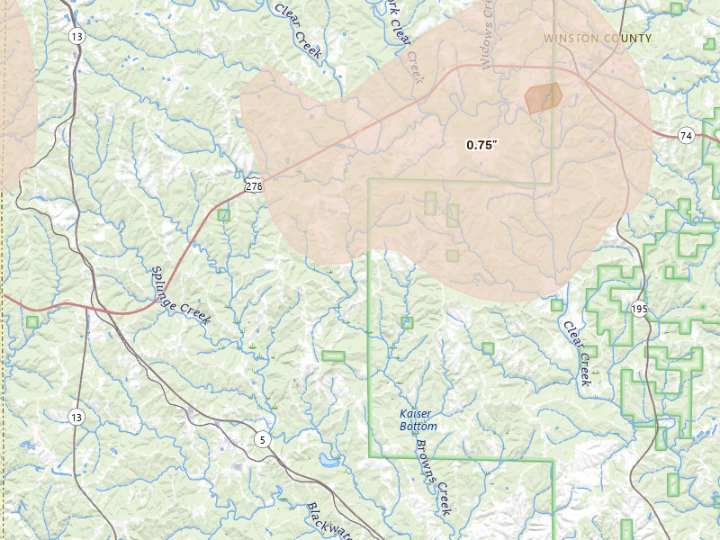 Radar-estimated hail-size map of the storm over Double Springs, AL on Jul 1, 2026