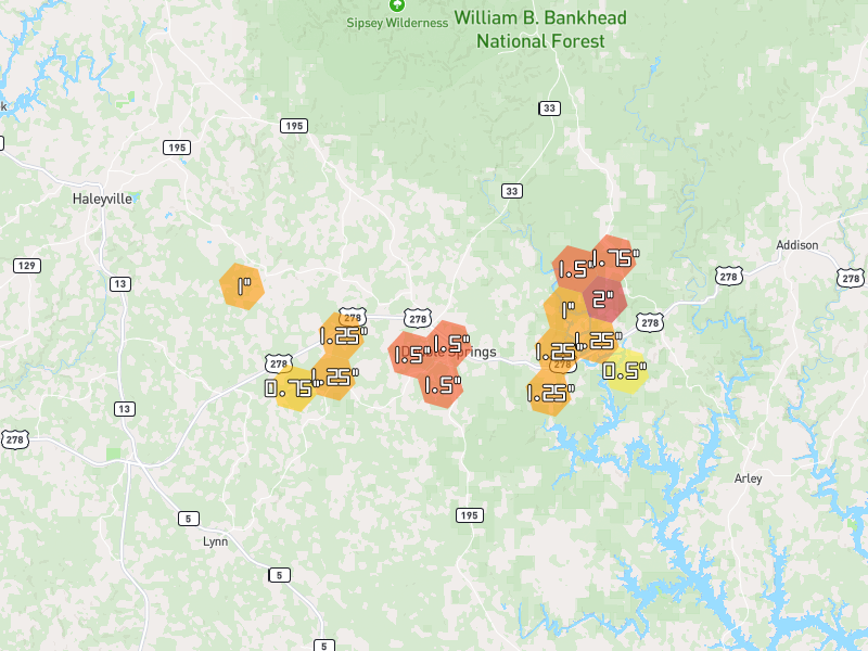 Hail map of Double Springs, AL on Jul 1, 2026, hail up to 2"