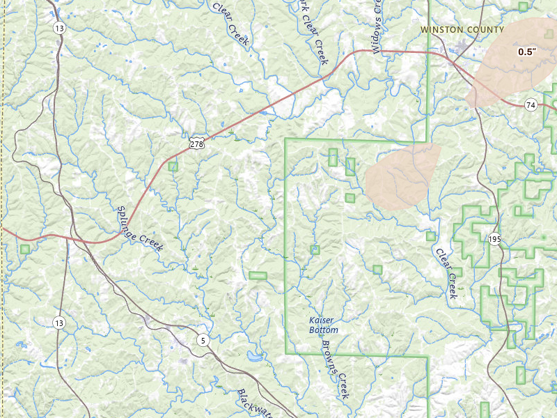 Radar-estimated hail-size map of the storm over Double Springs, AL on Jul 11, 2026