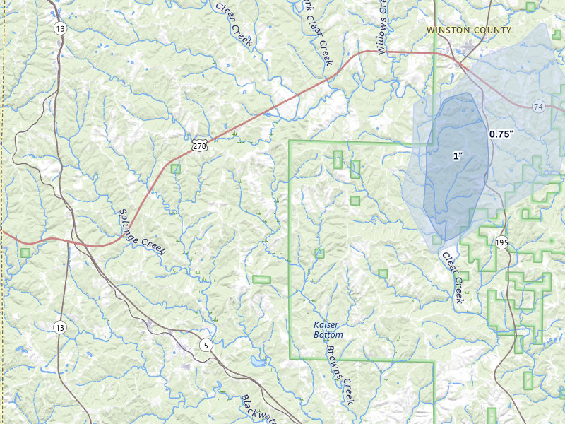 NEXRAD radar-signature map of the hail over Double Springs, AL