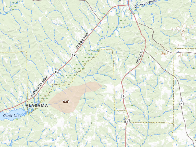Radar-estimated hail-size map of the storm over Dozier, AL on Jun 19, 2026