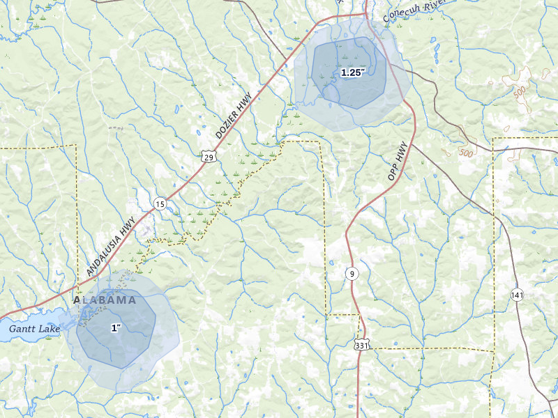 NEXRAD radar-signature map of the hail storm over Dozier, AL on Jul 30, 2026