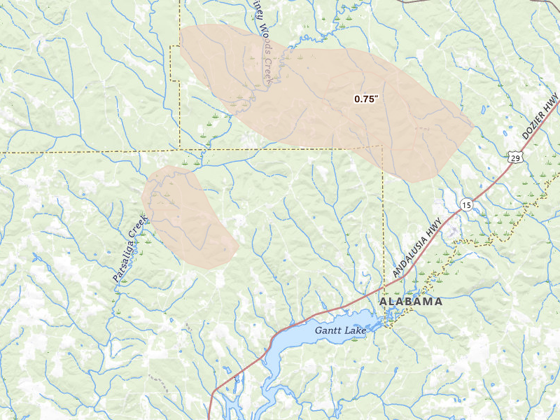 Radar-estimated hail-size map of the storm over Dozier, AL on Aug 21, 2026