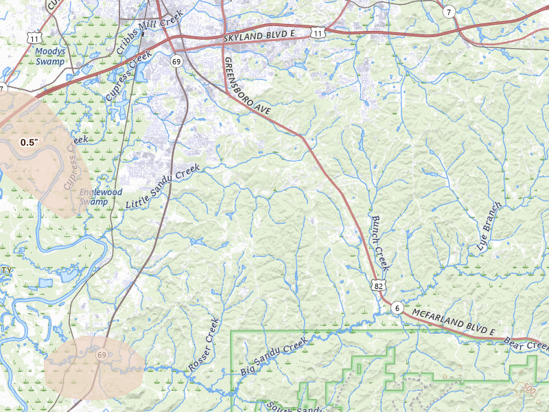 Radar-estimated hail-size map of the storm over Duncanville, AL on Jul 1, 2026