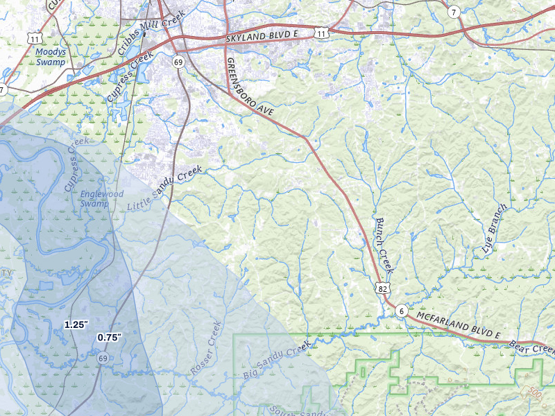 NEXRAD radar-signature map of the hail storm over Duncanville, AL on Jul 1, 2026