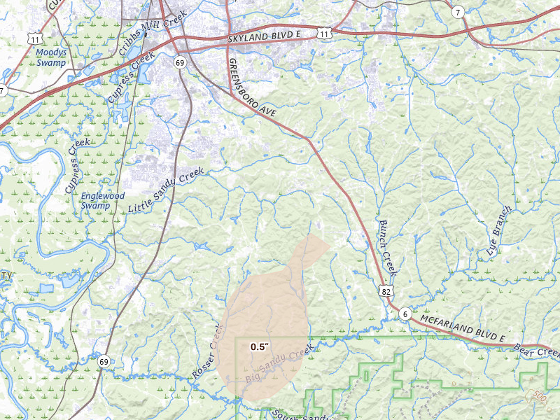 Radar-estimated hail-size map of the storm over Duncanville, AL on Jul 31, 2026