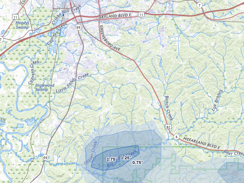 NEXRAD radar-signature map of the hail storm over Duncanville, AL on Jul 31, 2026