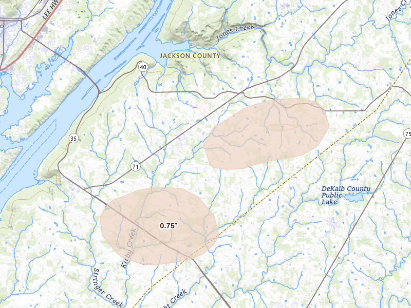 Radar-estimated hail-size map of the storm over Dutton, AL on Jul 1, 2026