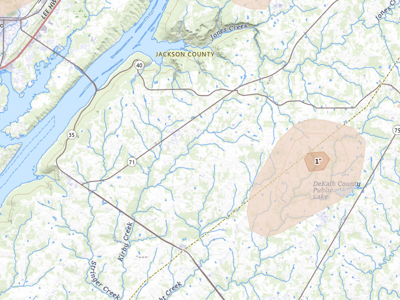 Radar-estimated hail-size map of the storm over Dutton, AL on Jul 3, 2026
