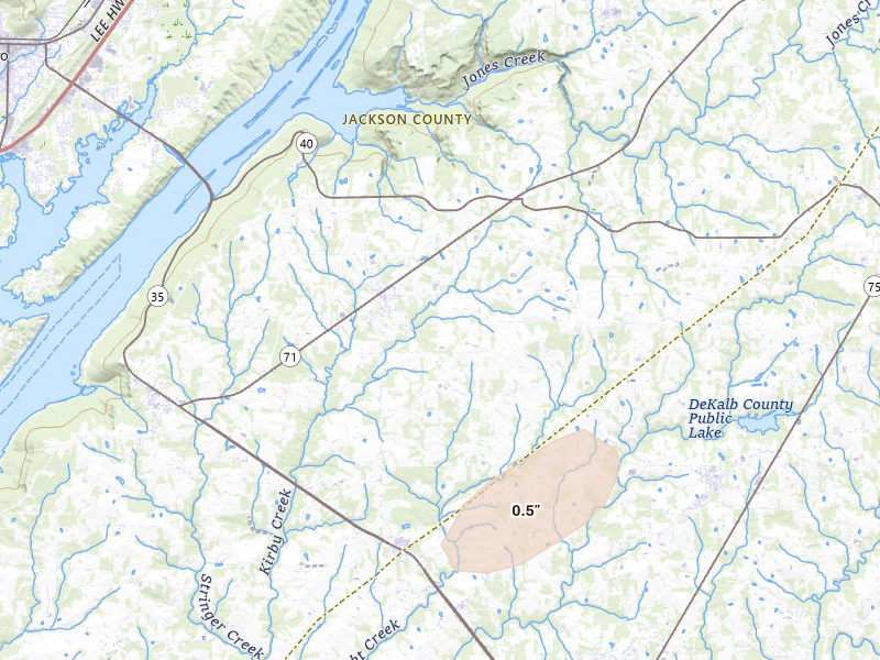 Radar-estimated hail-size map of the storm over Dutton, AL on Aug 6, 2026