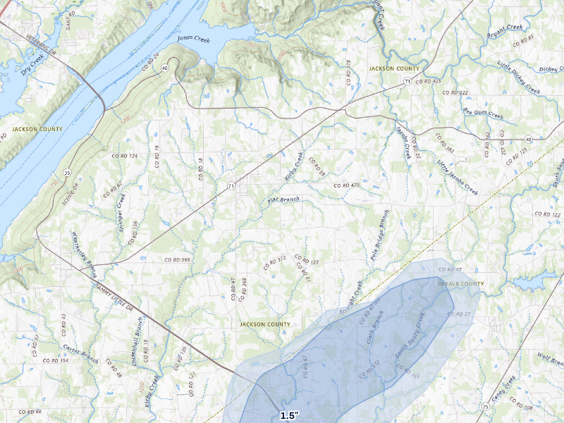 NEXRAD radar-signature map of the hail storm over Dutton, AL on Aug 6, 2026