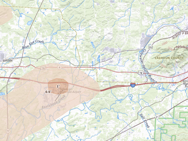Radar-estimated hail-size map of the storm over Eastaboga, AL on Jul 1, 2026