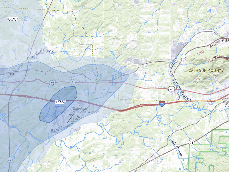 NEXRAD radar-signature map of the hail storm over Eastaboga, AL on Jul 1, 2026
