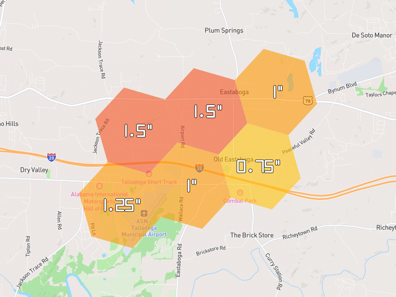 Hail map of Eastaboga, AL on Jul 1, 2026, hail up to 1.5"