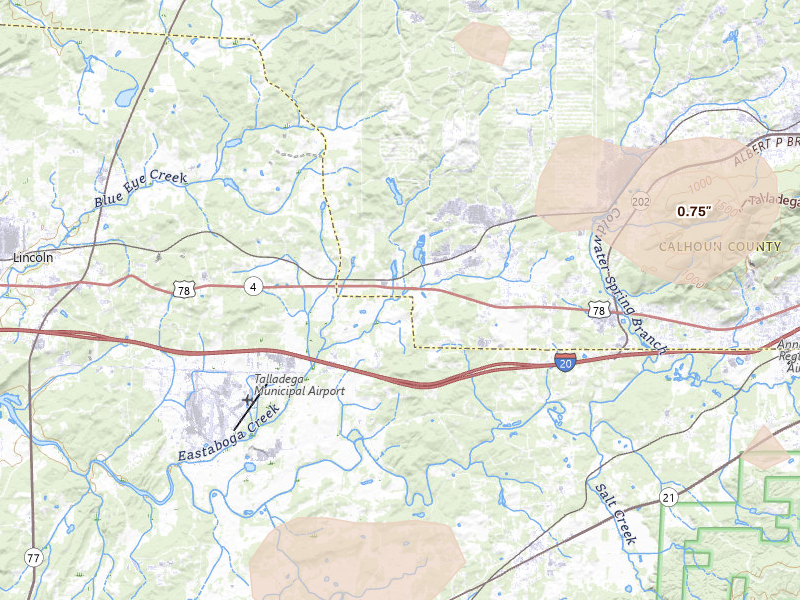 Radar-estimated hail-size map of the storm over Eastaboga, AL on Jul 3, 2026