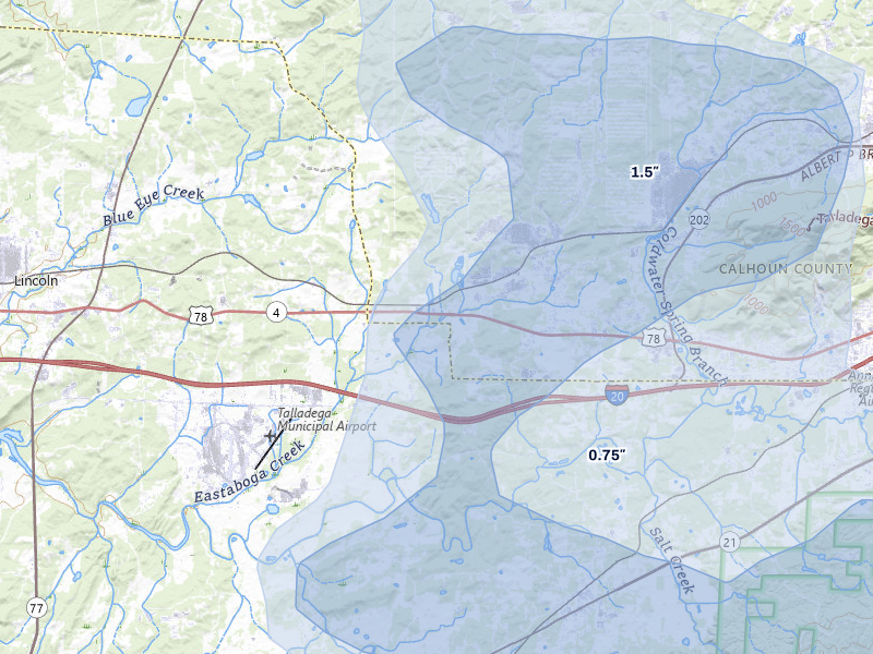 NEXRAD radar-signature map of the hail storm over Eastaboga, AL on Jul 3, 2026