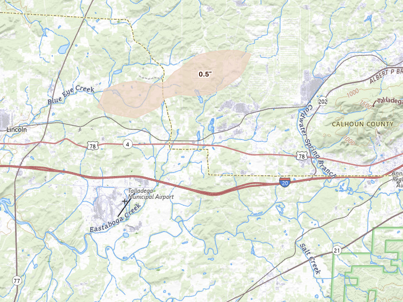 Radar-estimated hail-size map of the storm over Eastaboga, AL on Jul 9, 2026