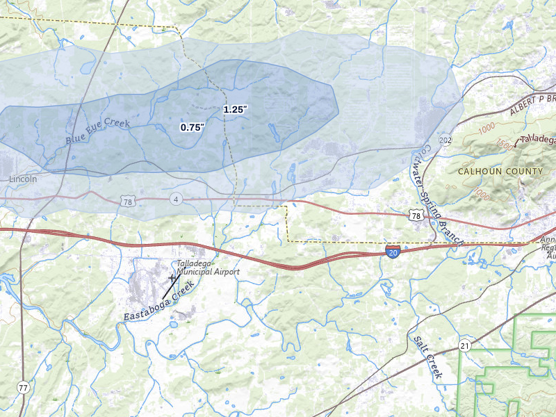 NEXRAD radar-signature map of the hail storm over Eastaboga, AL on Jul 9, 2026