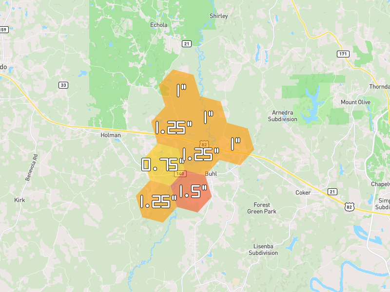 Hail map of Echola, AL on Jul 1, 2026, hail up to 1.5"