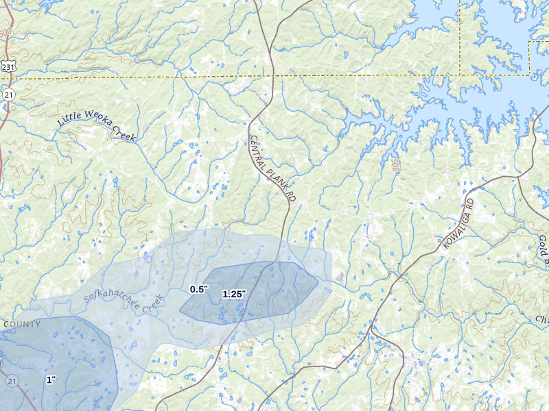 NEXRAD radar-signature map of the hail over Eclectic, AL