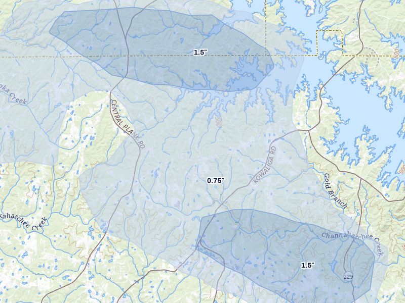 NEXRAD radar-signature map of the hail storm over Eclectic, AL on Jul 1, 2026