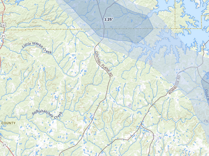NEXRAD radar-signature map of the hail storm over Eclectic, AL on Aug 14, 2026
