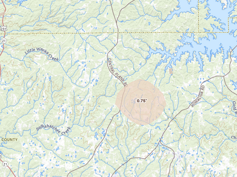 Radar-estimated hail-size map of the storm over Eclectic, AL on Aug 17, 2026