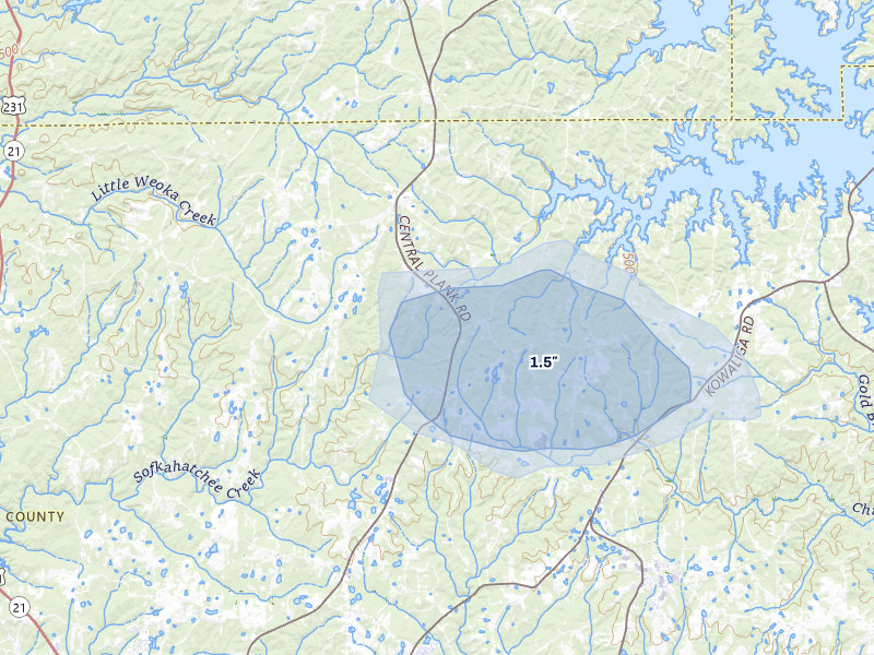 NEXRAD radar-signature map of the hail storm over Eclectic, AL on Aug 17, 2026