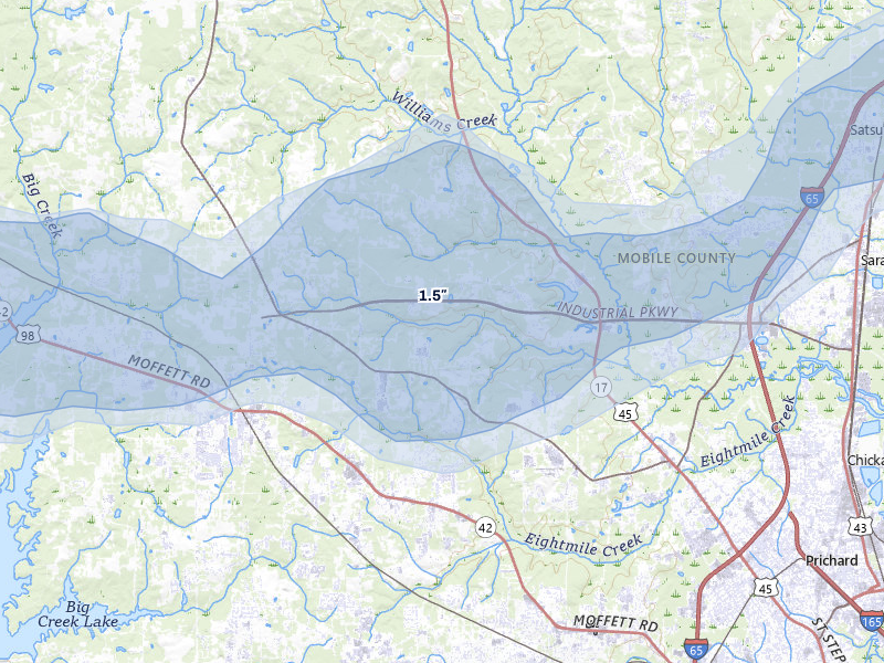NEXRAD radar-signature map of the hail over Eight Mile, AL