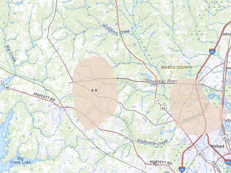 Radar-estimated hail-size map of the storm over Eight Mile, AL on Aug 24, 2026