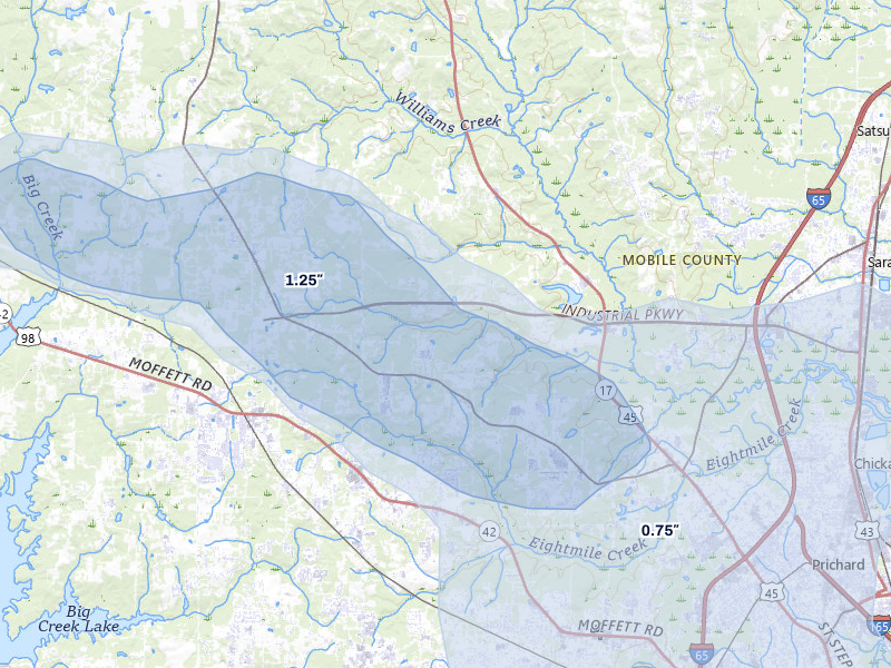NEXRAD radar-signature map of the hail storm over Eight Mile, AL on Aug 24, 2026
