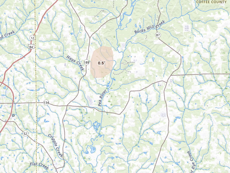 Radar-estimated hail-size map of the storm over Elba, AL on Mar 6, 2026