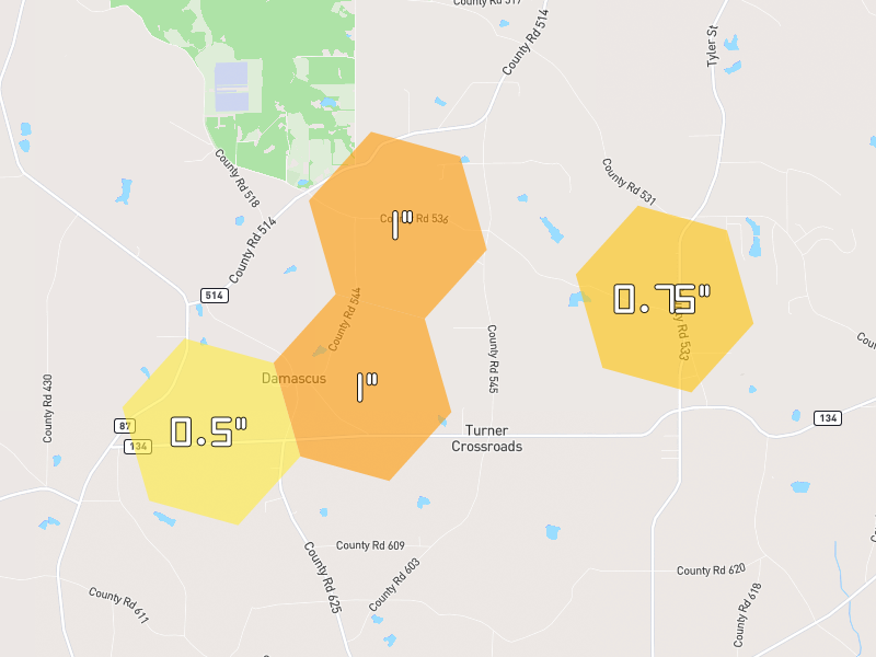 Hail map of Elba, AL on Jul 1, 2026, hail up to 1"